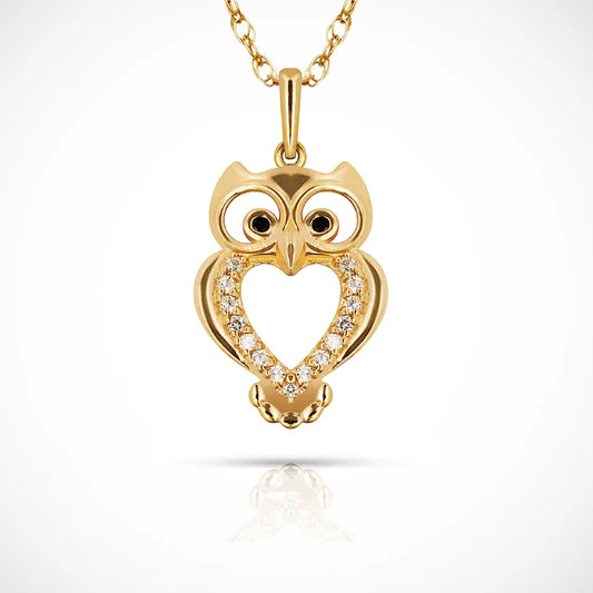 14k Yellow & White Gold CZ OWL Pendant For Women Jewelry
