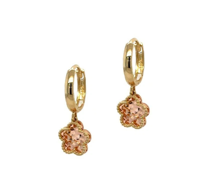 14k Yellow and Rose Gold Dangle Flower Hoop Huggie Earrings