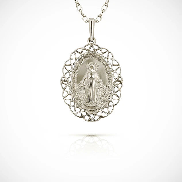 14K Yellow & White Gold Miraculous Medal Virgin Mary Pendant For Women