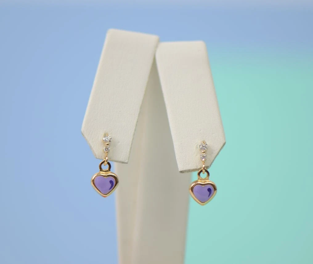 Solid 14K Yellow Gold Heart Shape Enamel Dangle Screw Back Baby Earrings