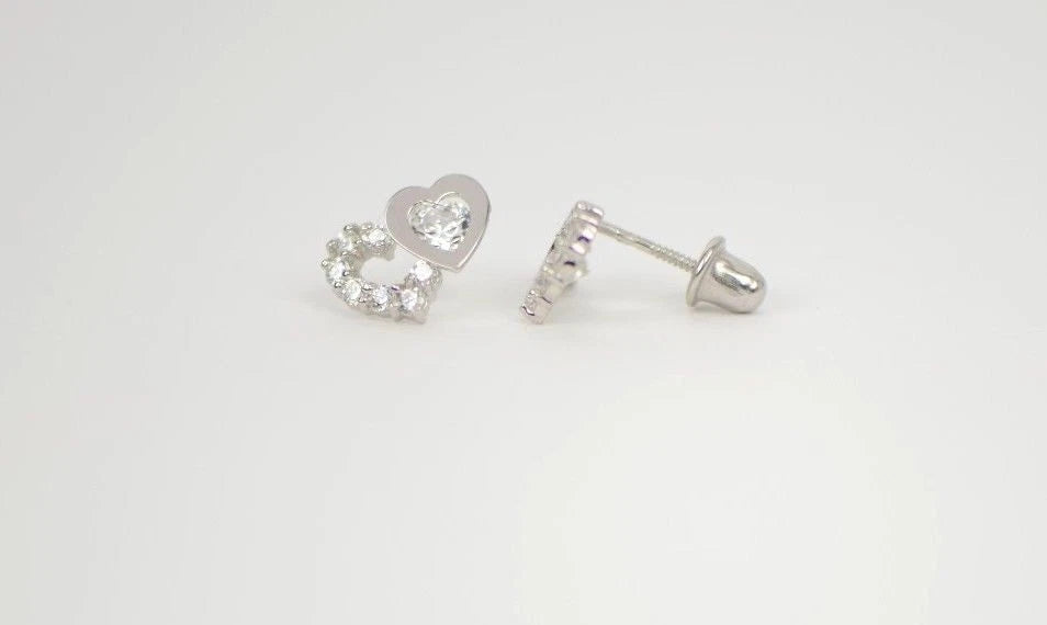 14K White Gold Double Heart Earrings