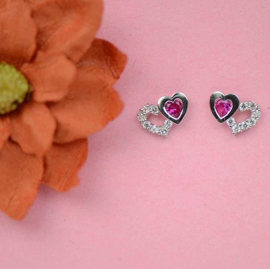 14K White Gold Double Heart Earrings