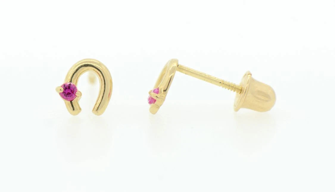 14k Solid Yellow or White Gold Horse Shoe Screw Back Stud Earrings with CZ