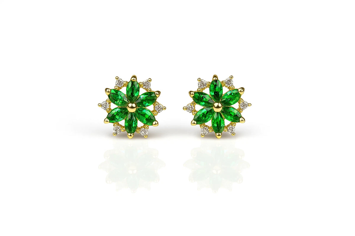 14K Yellow Gold Beautiful CZ Flower Stud Earrings for Women