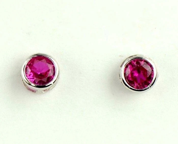 14K Round Bezel 4mm Set White Gold Birthstone Earrings