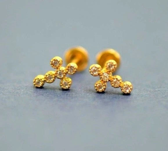 Gold Cross 14k Earrings Yellow or White Cz Stud White Cubic Zirconia Solid