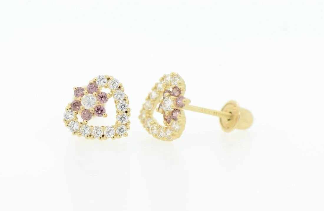 14K Yellow Gold Stud Heart Shape CZ Stud Earrings
