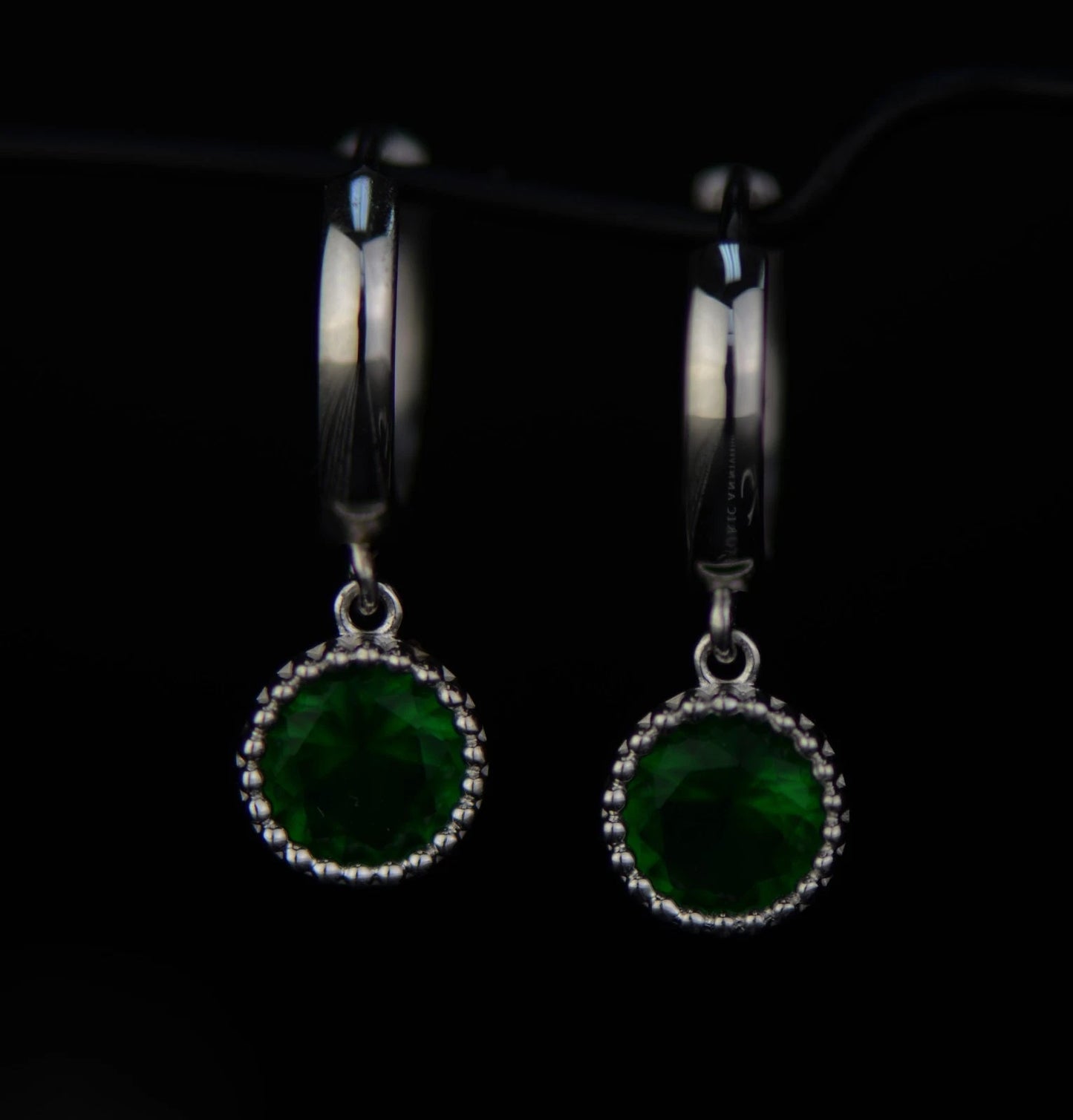 14k White Gold Dangle Round Birthstone Huggie Earrings