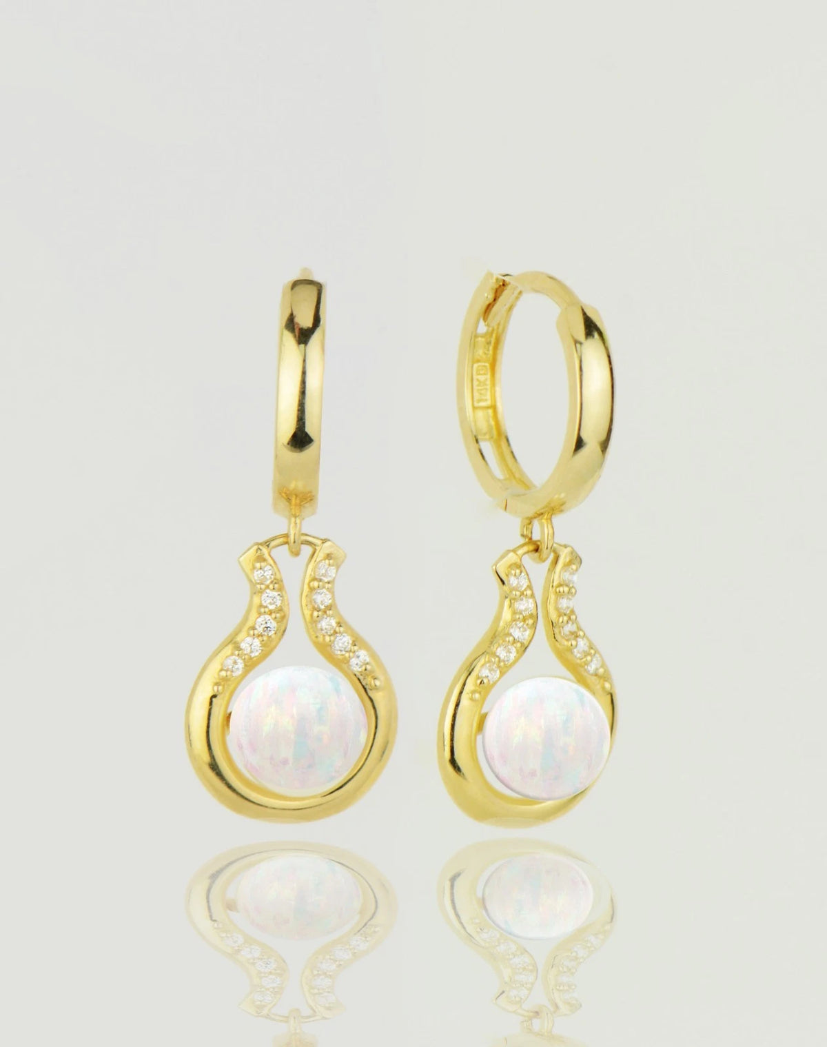 14K Yellow / White Gold Opal Huggie Hoop Dangle Earrings