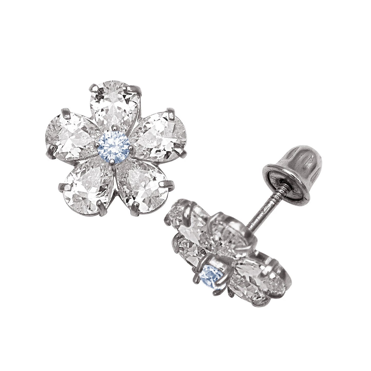 14k Yellow & White Gold CZ Flower Birthstone Stud Screw Back Earrings for Women