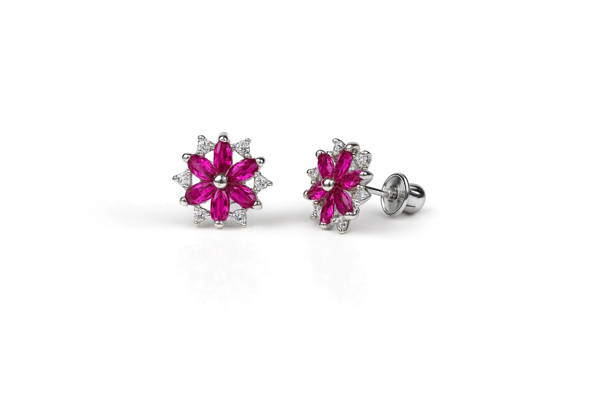 14K White Gold Beautiful CZ Flower Stud Earrings for Women