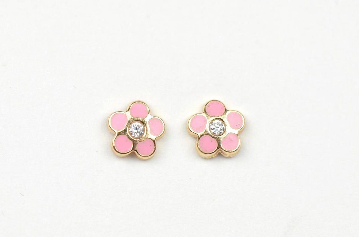 14k Yellow Gold Baby Enamel and CZ Flower earrings, Screw Back