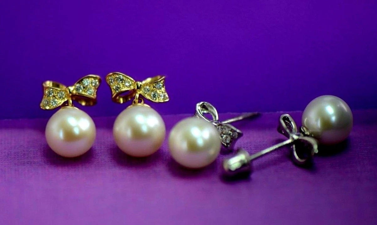 14k yellow white gold bow tie pearl cz stud earring freshwater