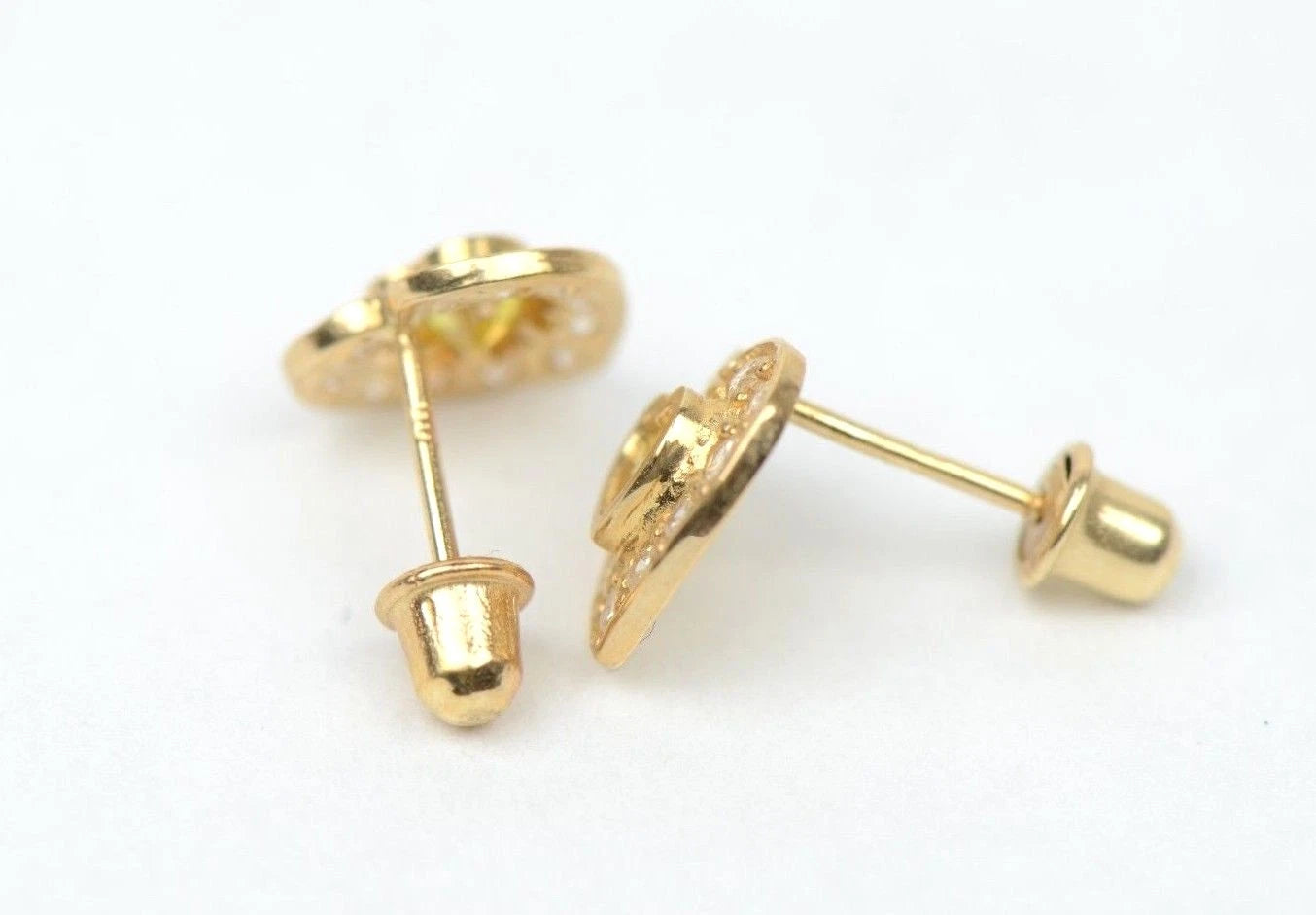 14K Yellow Gold Birthstone Heart with CZ Stud Earrings Screw Back