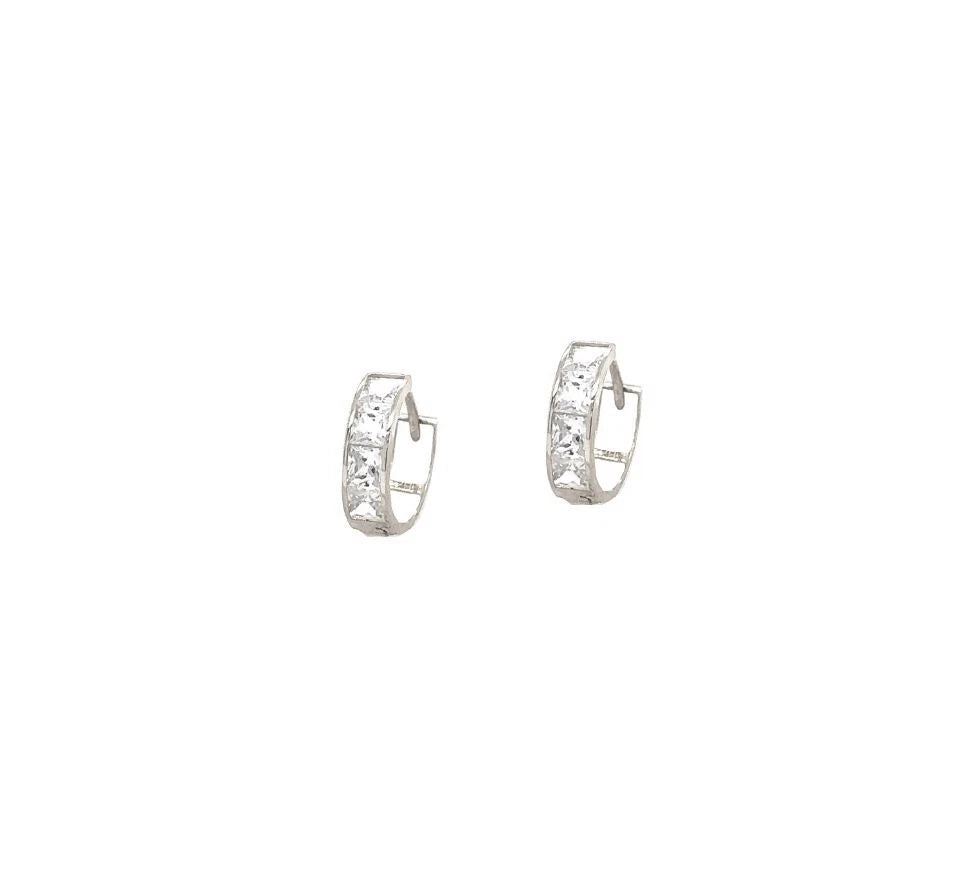 14K White Gold Princess Cut Huggie Hoop Earrings