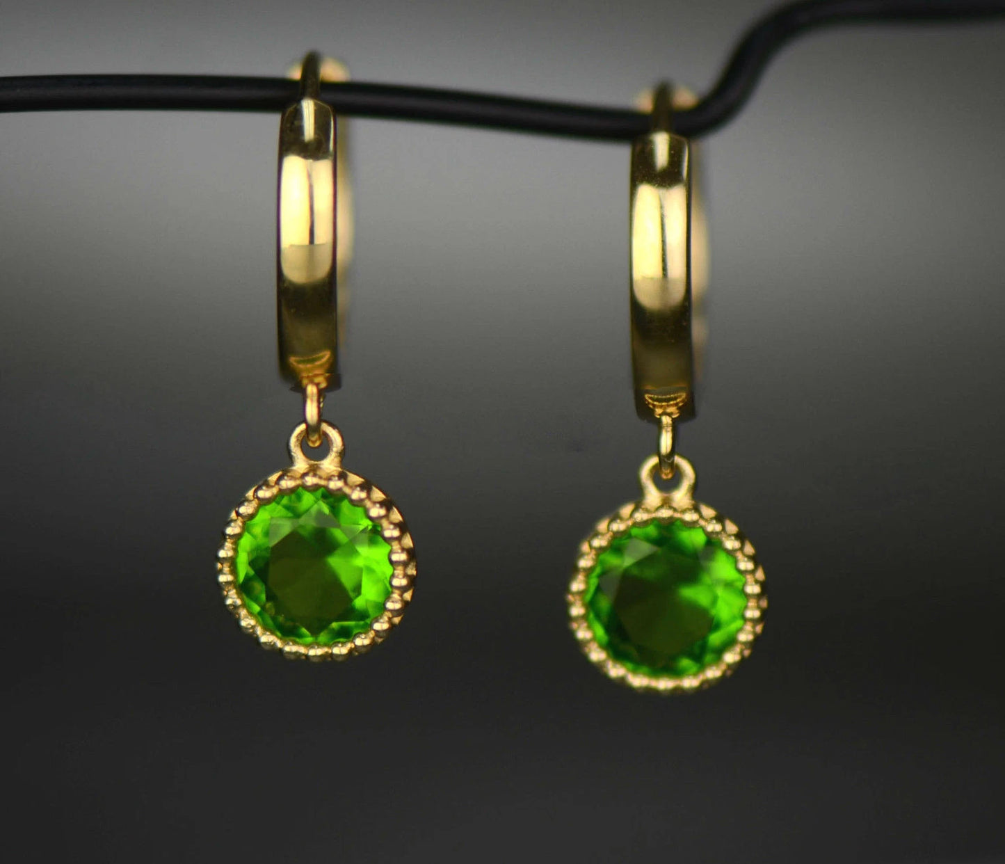 14k Yellow Gold Dangle Round Birthstone Huggie Earrings