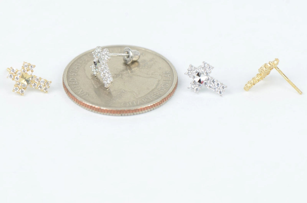 14K Yellow or White Gold CZ Cross Earring
