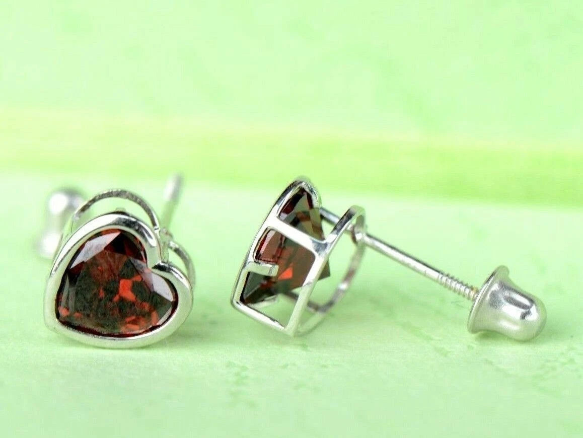 14k Solid White Gold Heart Birthstone Stud Earrings 6mm X 6mm