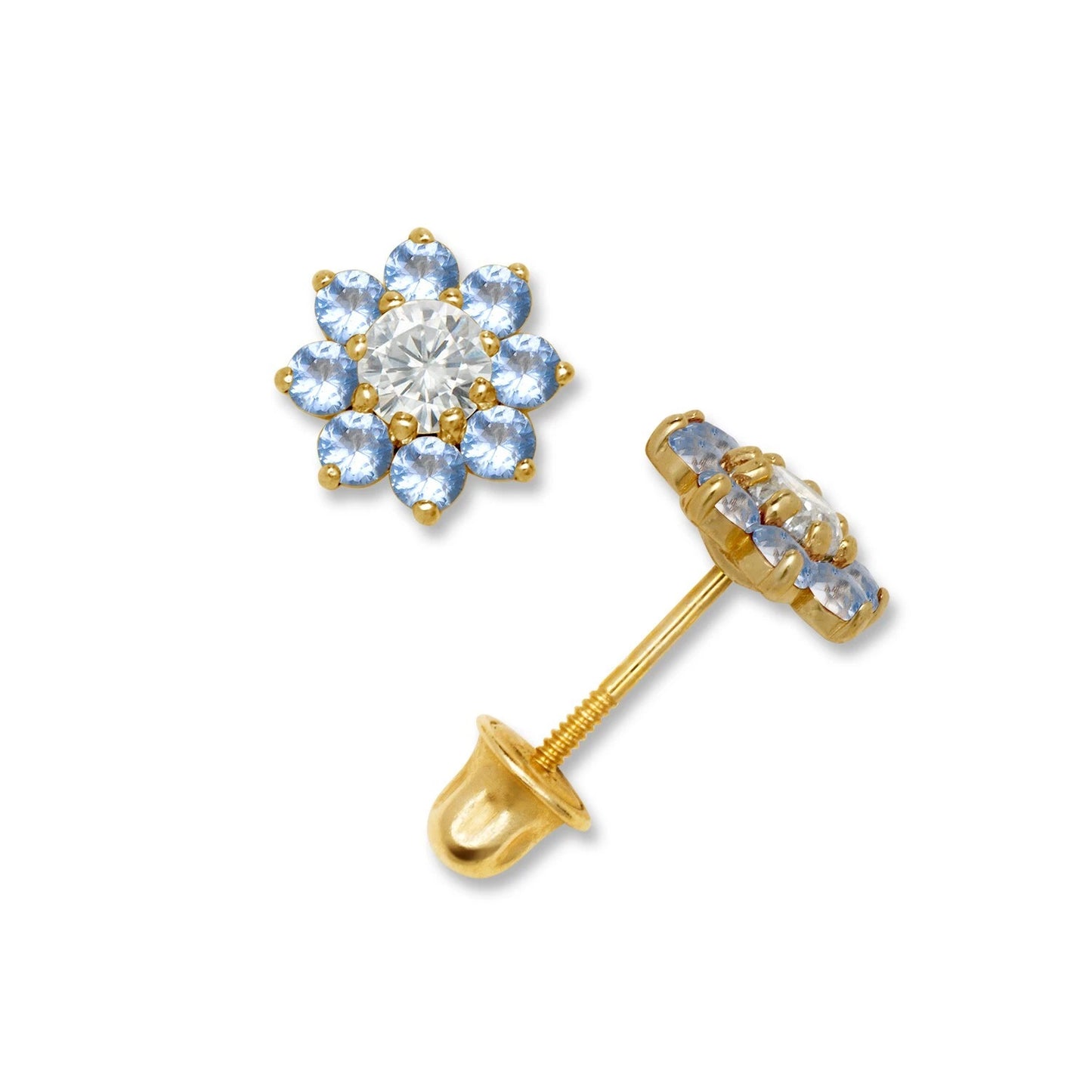 14K Yellow & White Gold Small Beautiful CZ Flower Stud Earrings for Girls