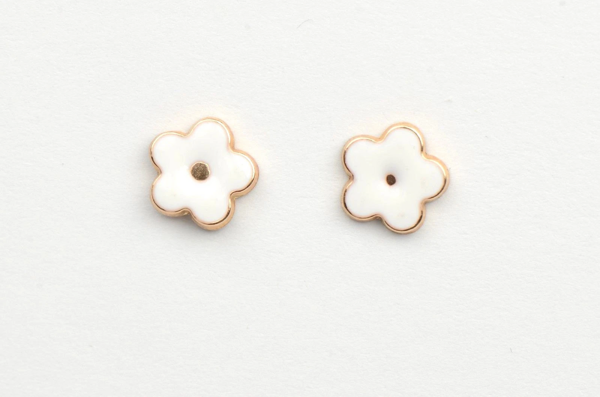 14k Yellow Gold Enamel Flower Baby earrings with Screw Back