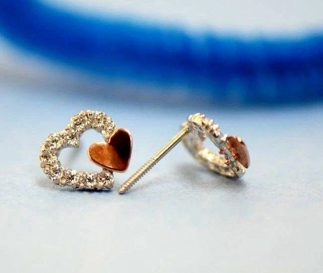 14K White or Yellow Gold Double Heart Shape CZ Stud Earrings