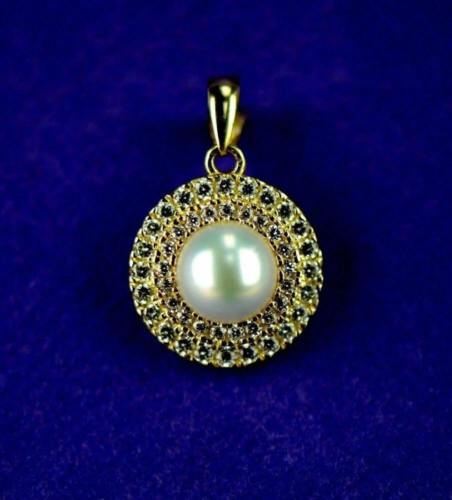 14K Yellow or White Gold Round Genuine Pearl CZ Pendant