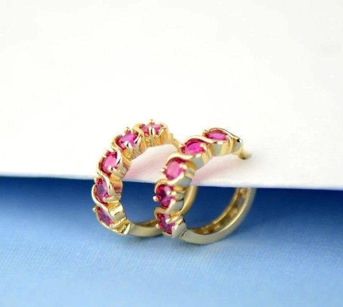 14k Yellow Gold Fancy Huggie Hoop CZ Earrings