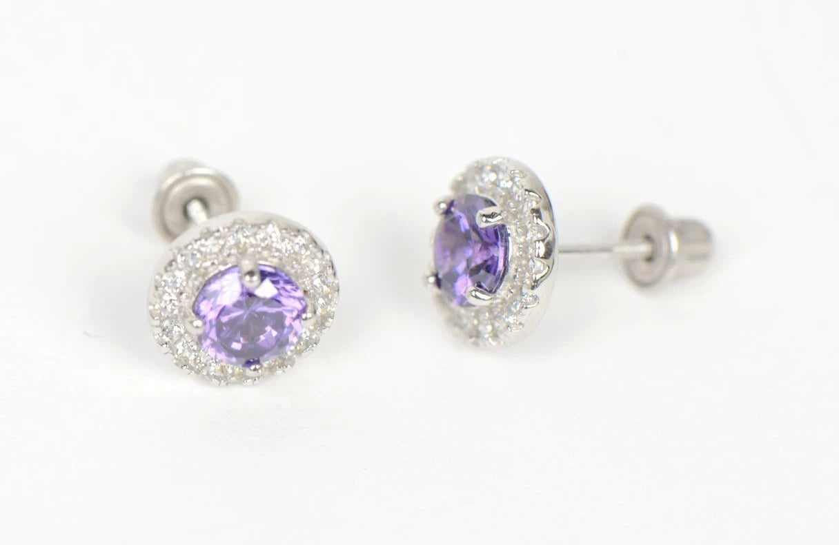 14K Solid White Gold Halo Stud CZ Screw Back Earrings