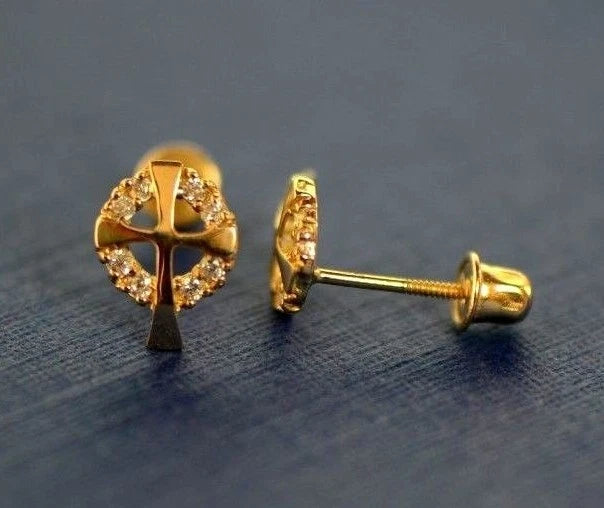 14K White or Yellow Gold Cross CZ Stud Earrings