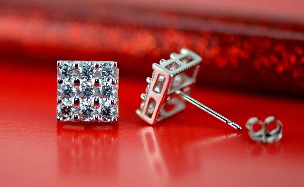 14K Yellow or White Gold Fancy Square Design CZ Stud Earrings