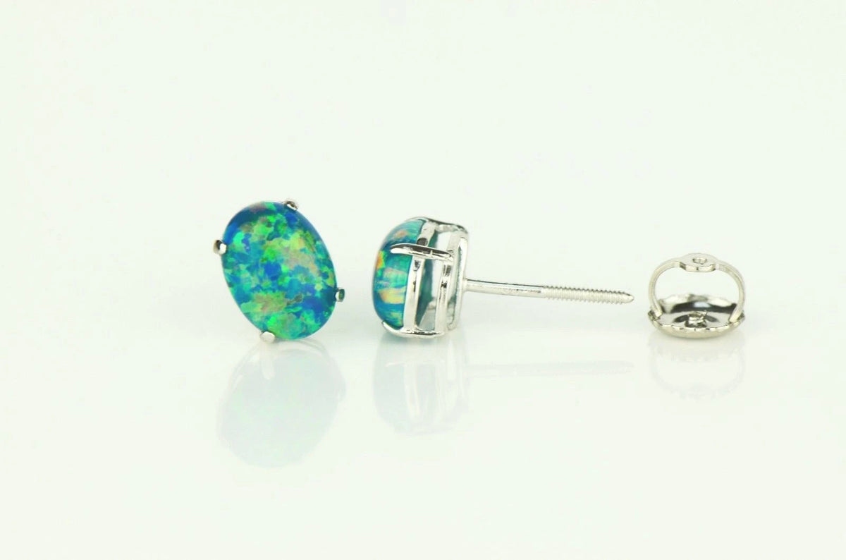 14k Yellow & White Gold Oval Opal Screw Back Stud Earrings for Earrings