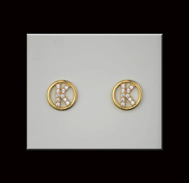 14k Yellow or White Gold Round Initial Letters CZ Stud Earrings