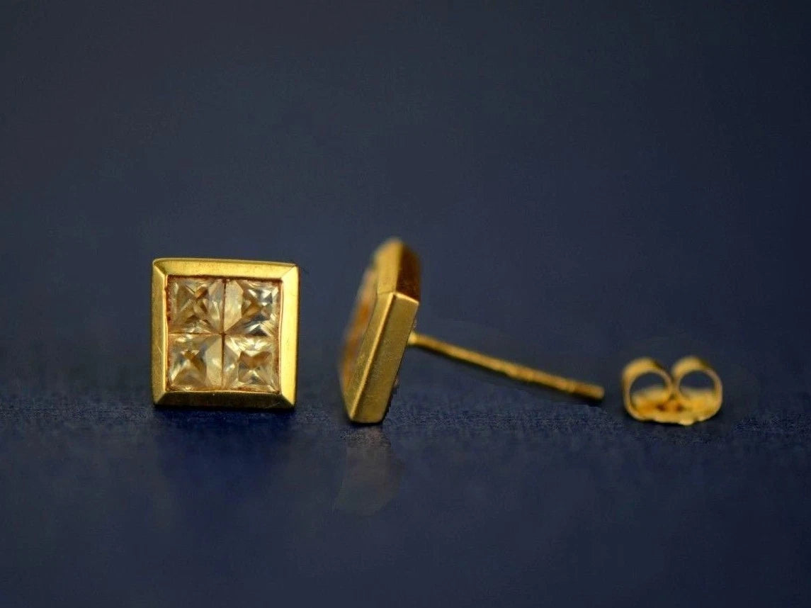 14K Yellow or White Gold Fancy Square CZ Stud Earring