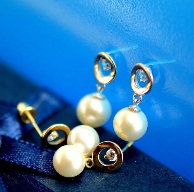 14K Yellow and White Gold Genuine Pearl CZ Stud Earring