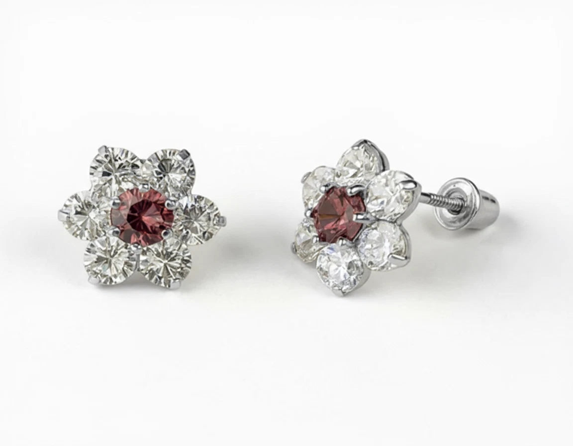 14k White Gold Beautiful Flower Shaped Stud Screw Back Earrings for Women