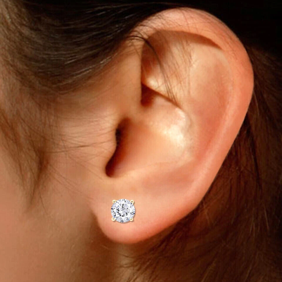 Gold 14K GRA Certified D-VVS1 Round Moissanite Screw Back Studs Earrings
