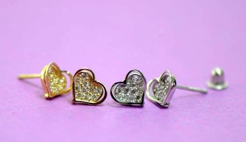 14K White Yellow Gold Heart Shape CZ Stud Earrings