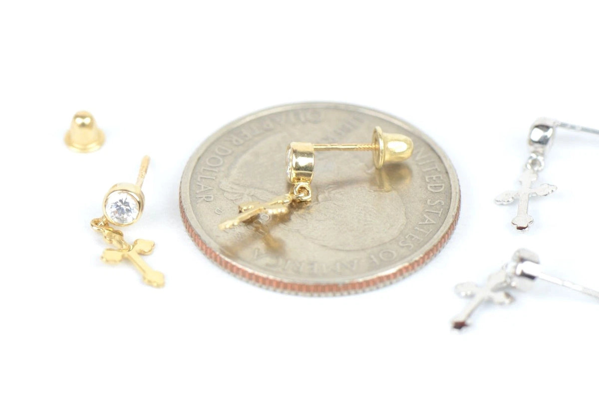 14K Yellow White Gold Cubic Zirconia CZ Cross Dangle Earrings