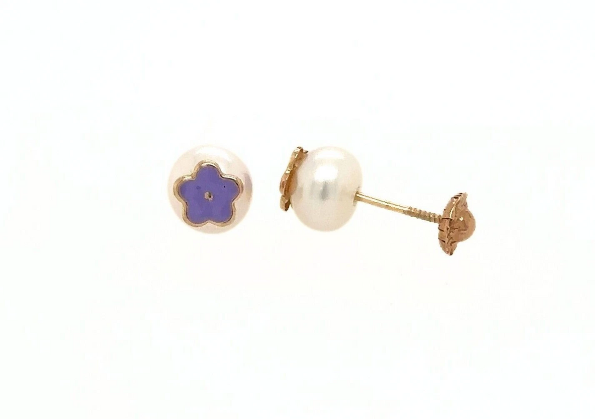 14k Yellow Gold Enamel Flower With Genuine Pearl Screw Back Stud Earrings