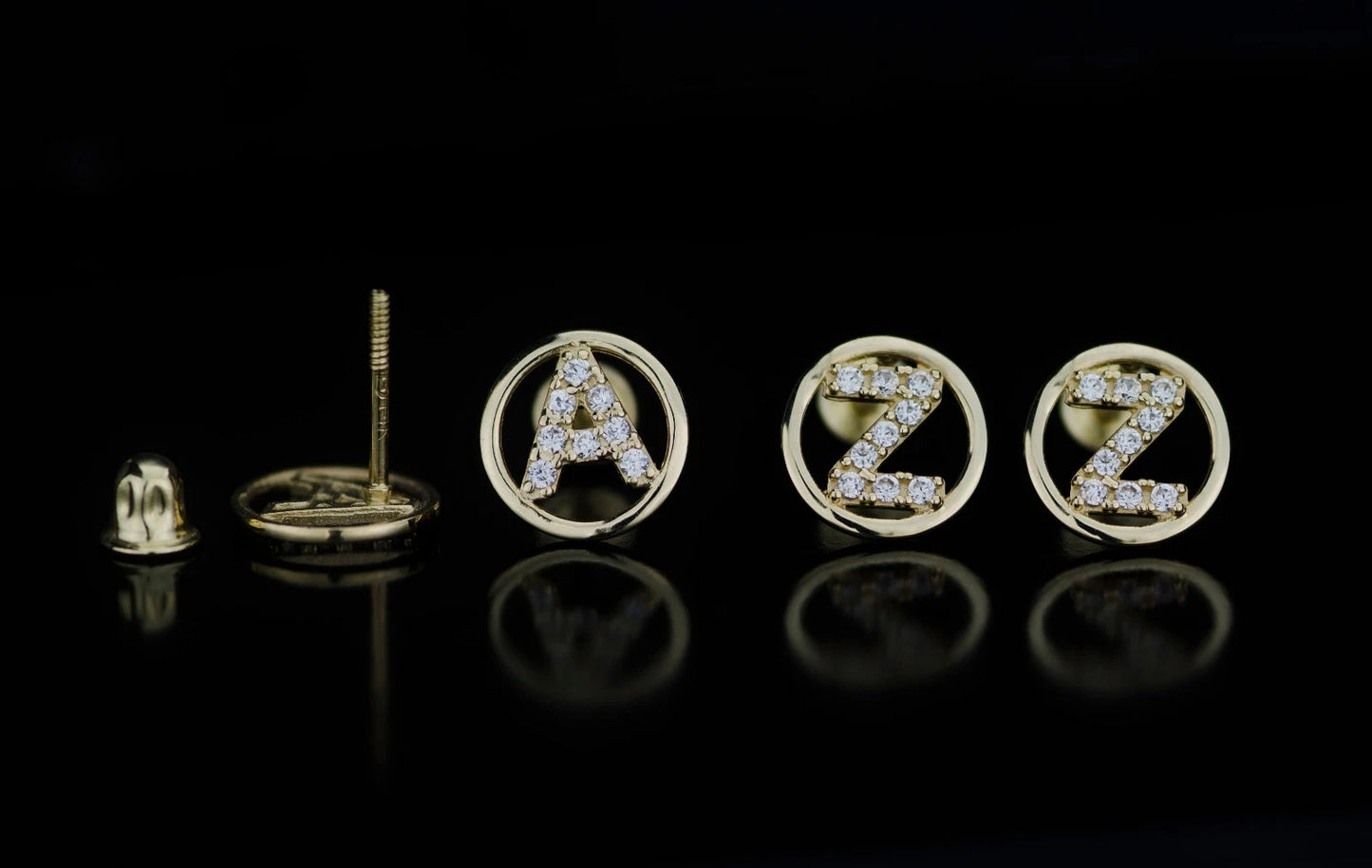 14k Yellow or White Gold Round Initial Letters CZ Stud Earrings