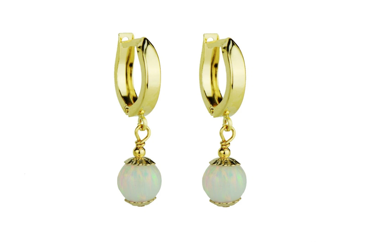 14k Yellow Gold Opal Huggie Snap Closure Dangle Earrings