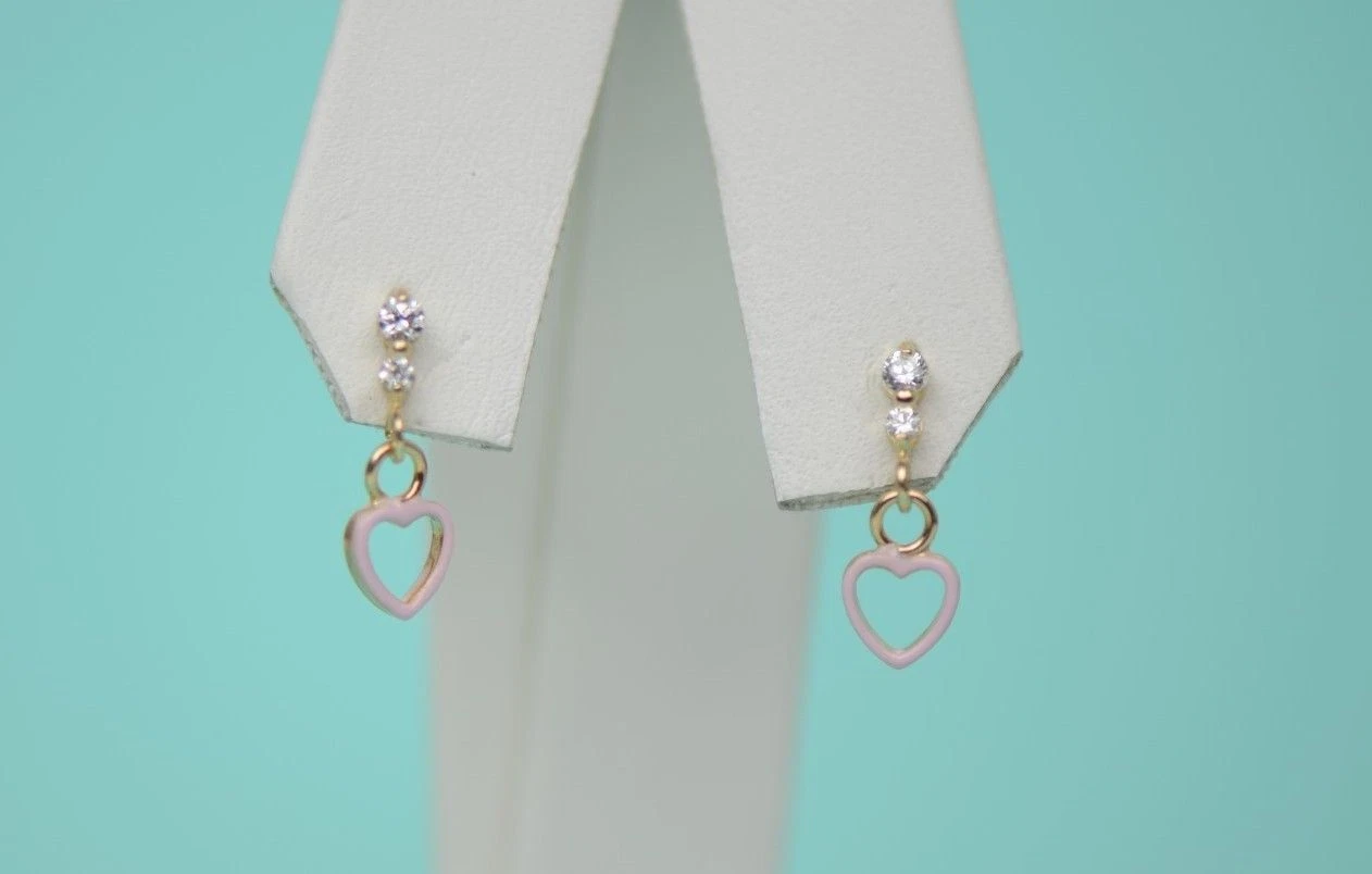 14K Solid Yellow Gold Heart Shape Dangle Earring with Enamel