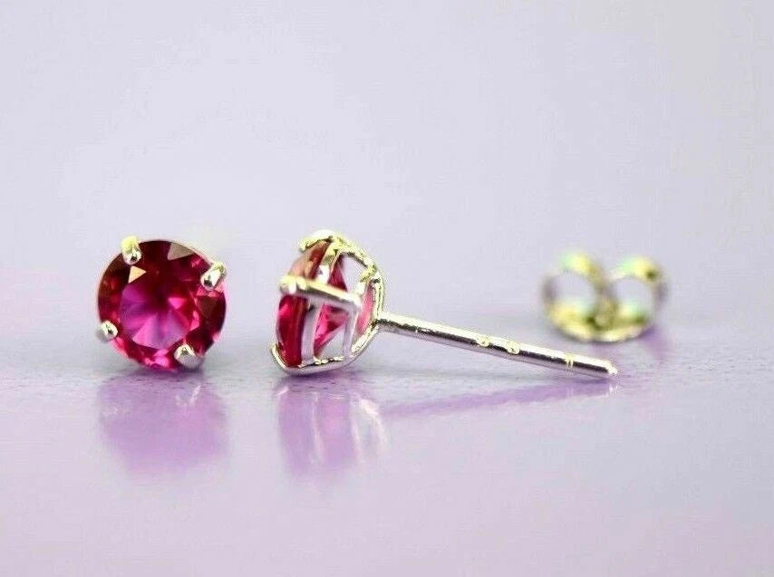14K Solid White Gold 4mm Round Birthstone Stud Earrings with Push Back
