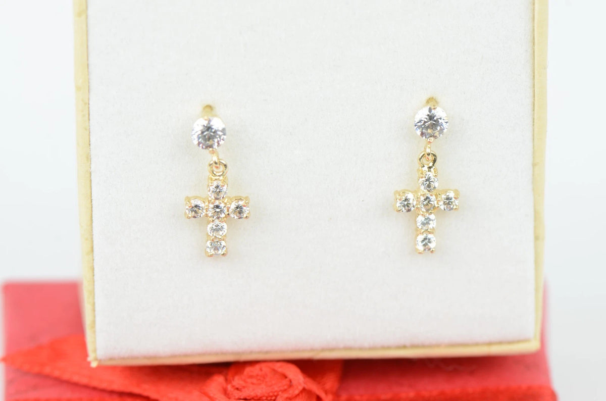 14K Cubic Zirconia CZ Cross Dangle Earrings