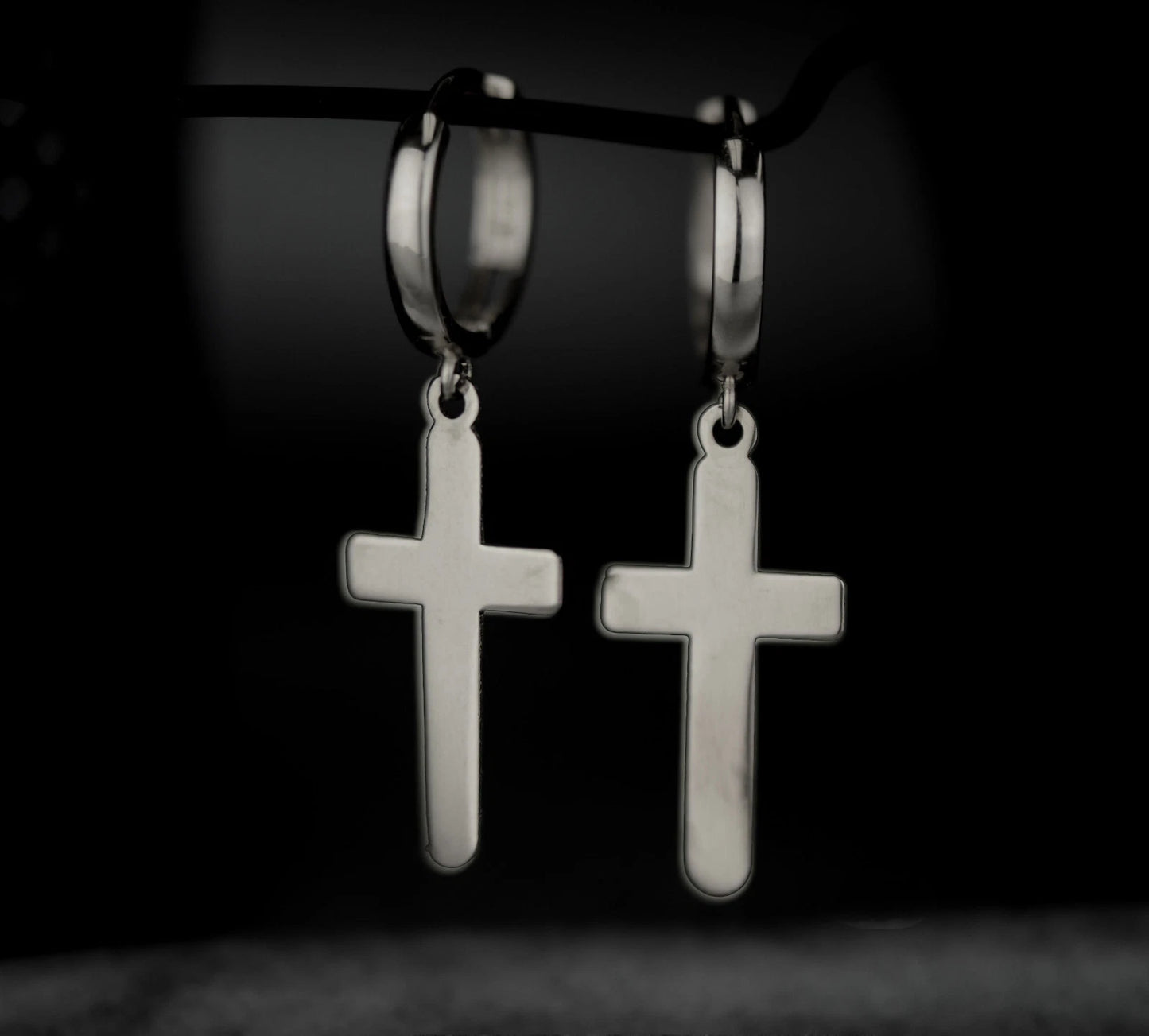 14k Yellow / White Gold Dangle Cross Hamsa Huggie Earrings