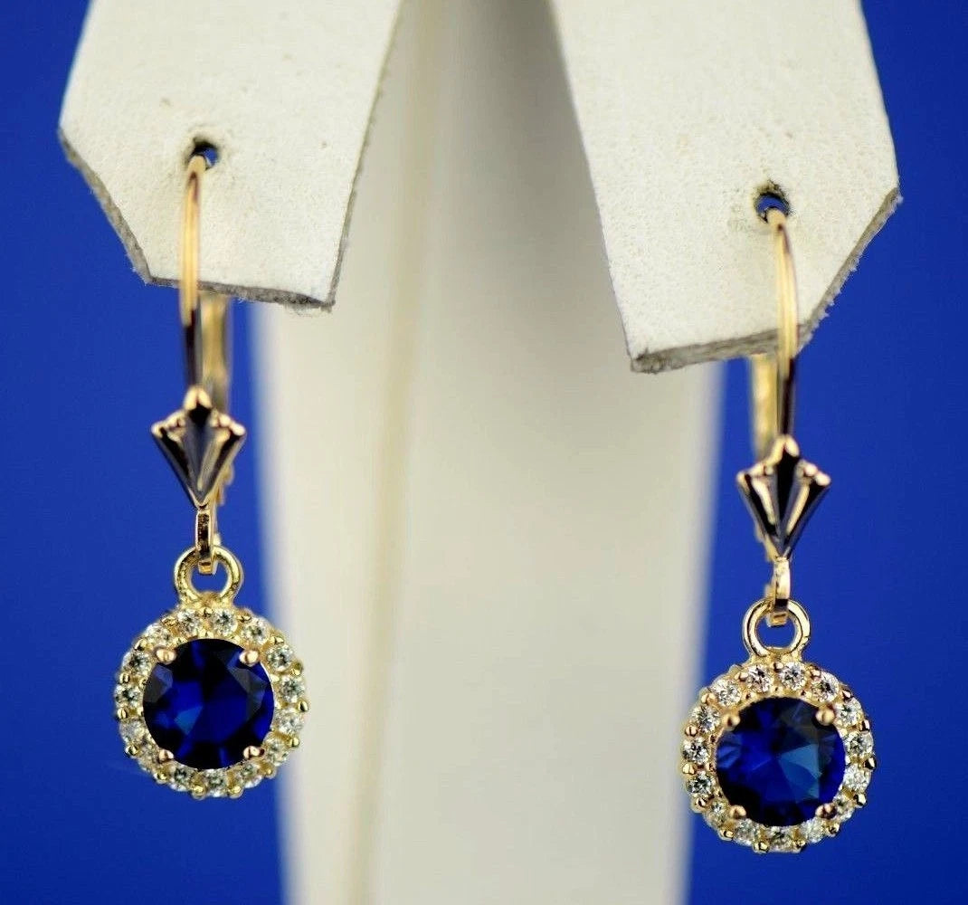14k Yellow Gold Halo Dangle Round Leverback Pierced Earrings Birthstone