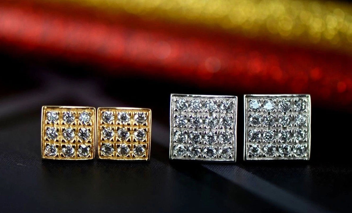 14K Yellow or White Gold Fancy Square CZ Stud Earrings
