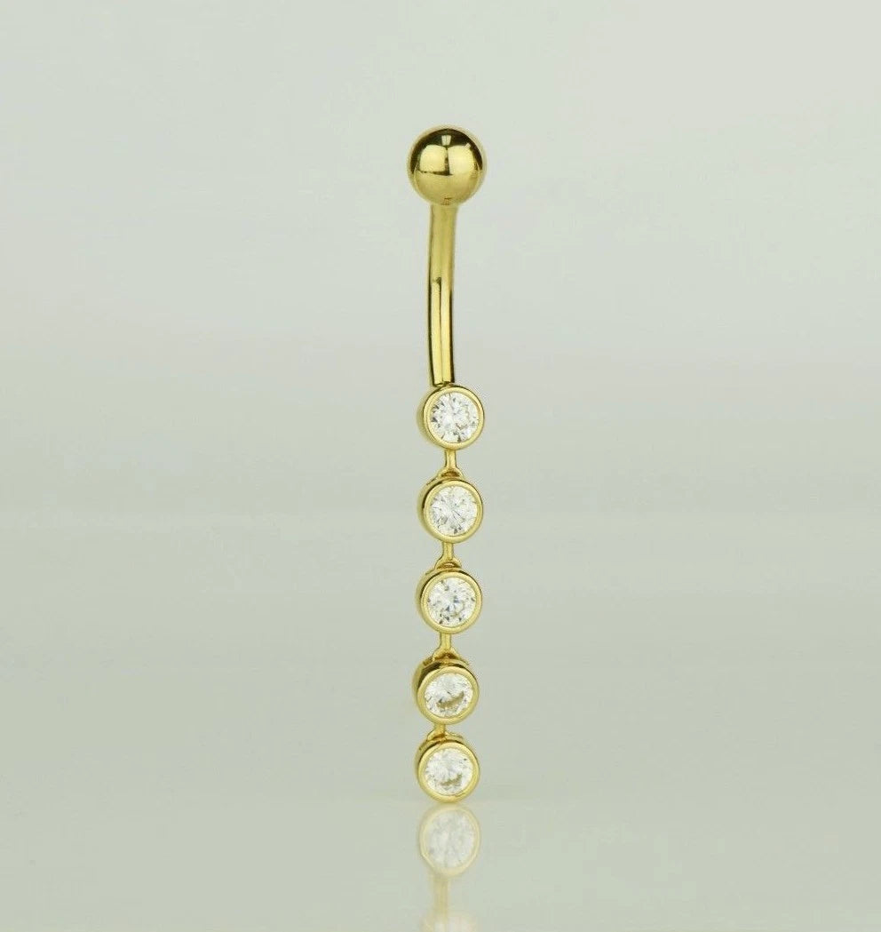 14k Yellow or White Gold Belly Button Dangle CZ Bezel Barbel Bar Ring