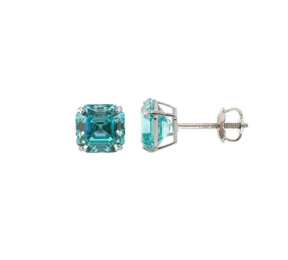 14K White Gold Asscher Cut Stud Earrings Screw Back