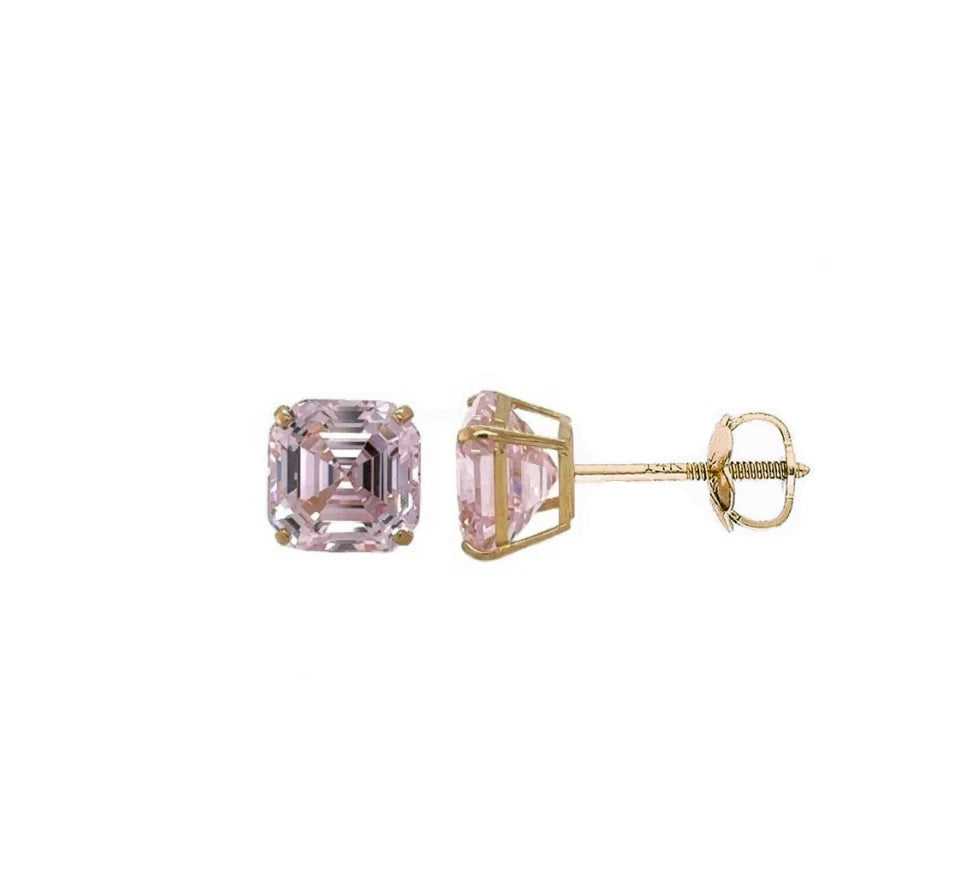 14K Yellow Gold Asscher Cut Stud Earrings Screw Back